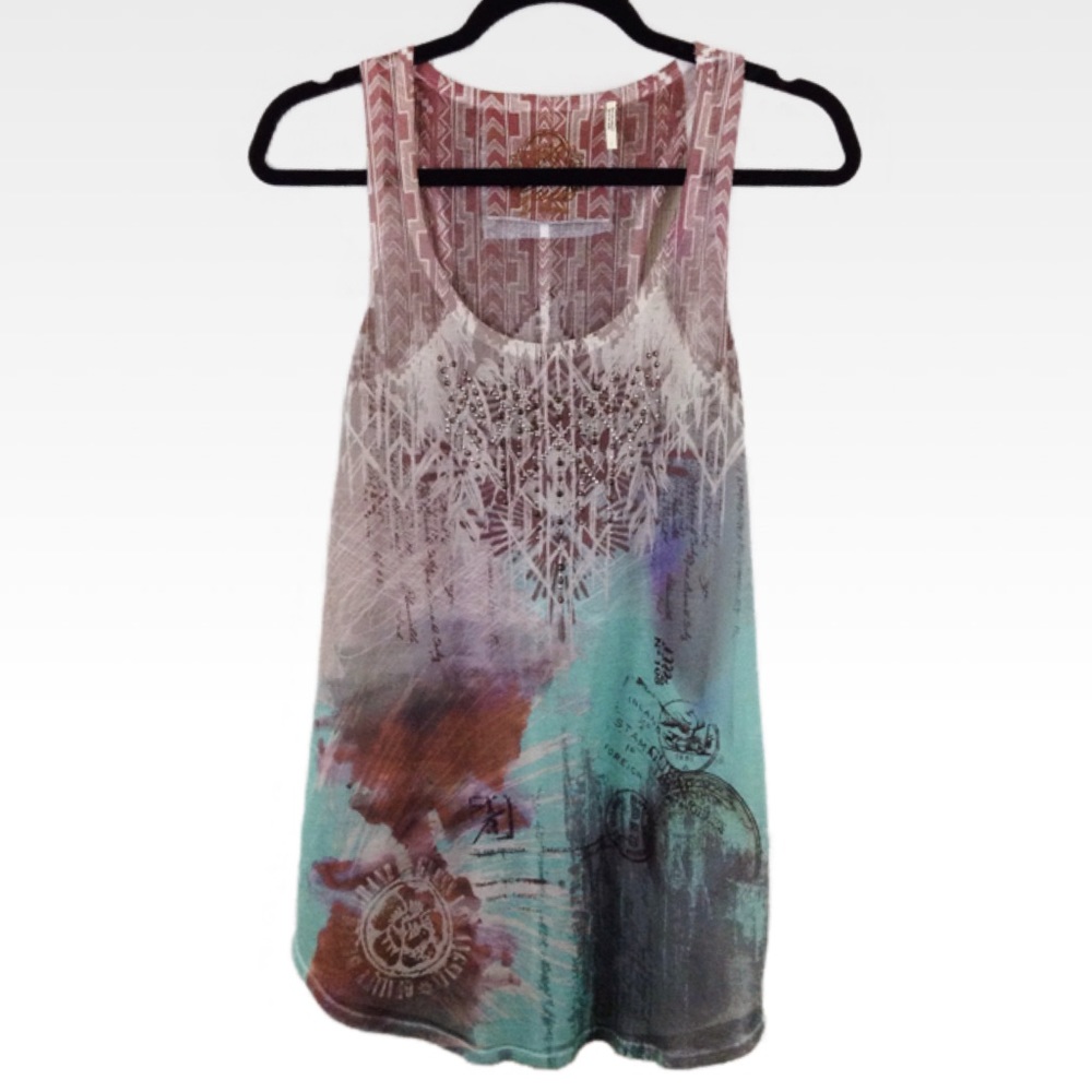 Guess | L | Studded Aqua Graphic Racerback Tank